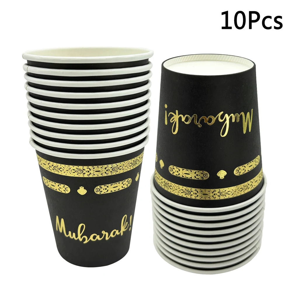 1bag Eid Al-Adha Umrah Mubarak Disposable Paper Cup Plate Ramadan Mubarak kareem Hijab Muslim Islamic Festival Party Decoration