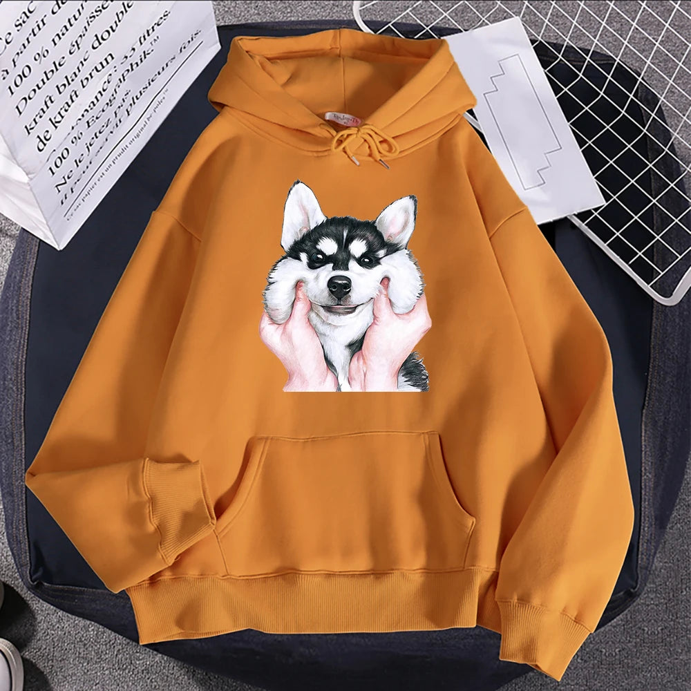 Cute Animal Husky Dog Printing Hoodie Women's Loose Oversize Clothing Autumn Warm Fleece Sweatshirt Fashion Casual Soft Hooded