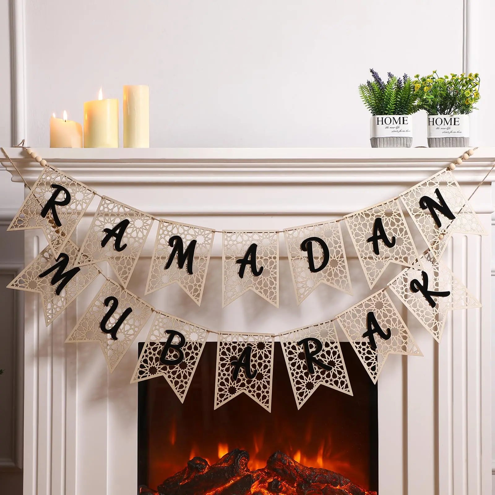 ⭐Holz Girlande Ramadan Mubarak | Rustikaler Perlen Banner | Eid Deko Set 2-teilig