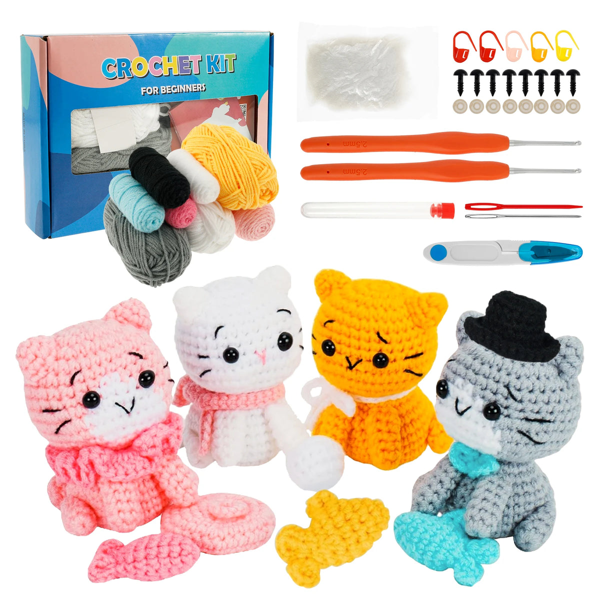 4Pcs Crochet Kit for Beginners DIY Knitting Craft Kit Fun Cat Crochet Set Cute Crocheting Cat with Accessories and Tutorial