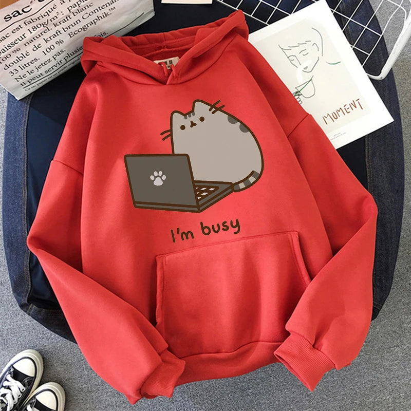 Women Ullzang Cute Cat Sweatshirt Funny Cartoon Pusheen Cat Kawaii Harajuku Korean Style Hoodies Graphic Fashion Hoody Female