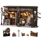 DIY Doll House Wooden Miniature Kit Assembly Building Model Kits Home Decorations with Furniture for Magic Coffee