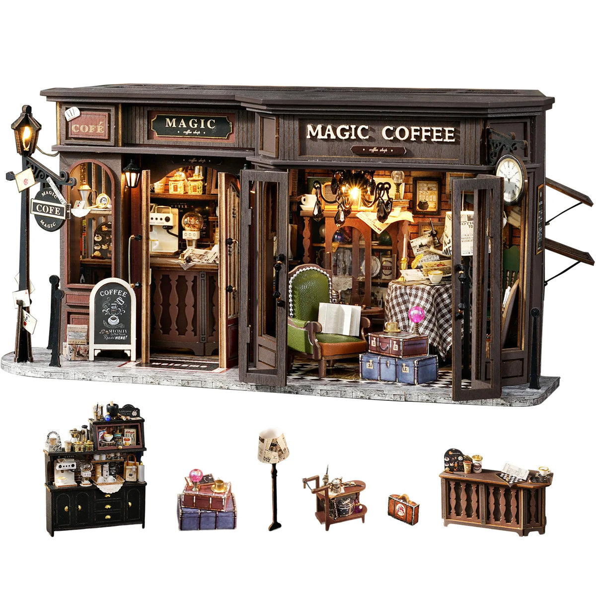 DIY Doll House Wooden Miniature Kit Assembly Building Model Kits Home Decorations with Furniture for Magic Coffee