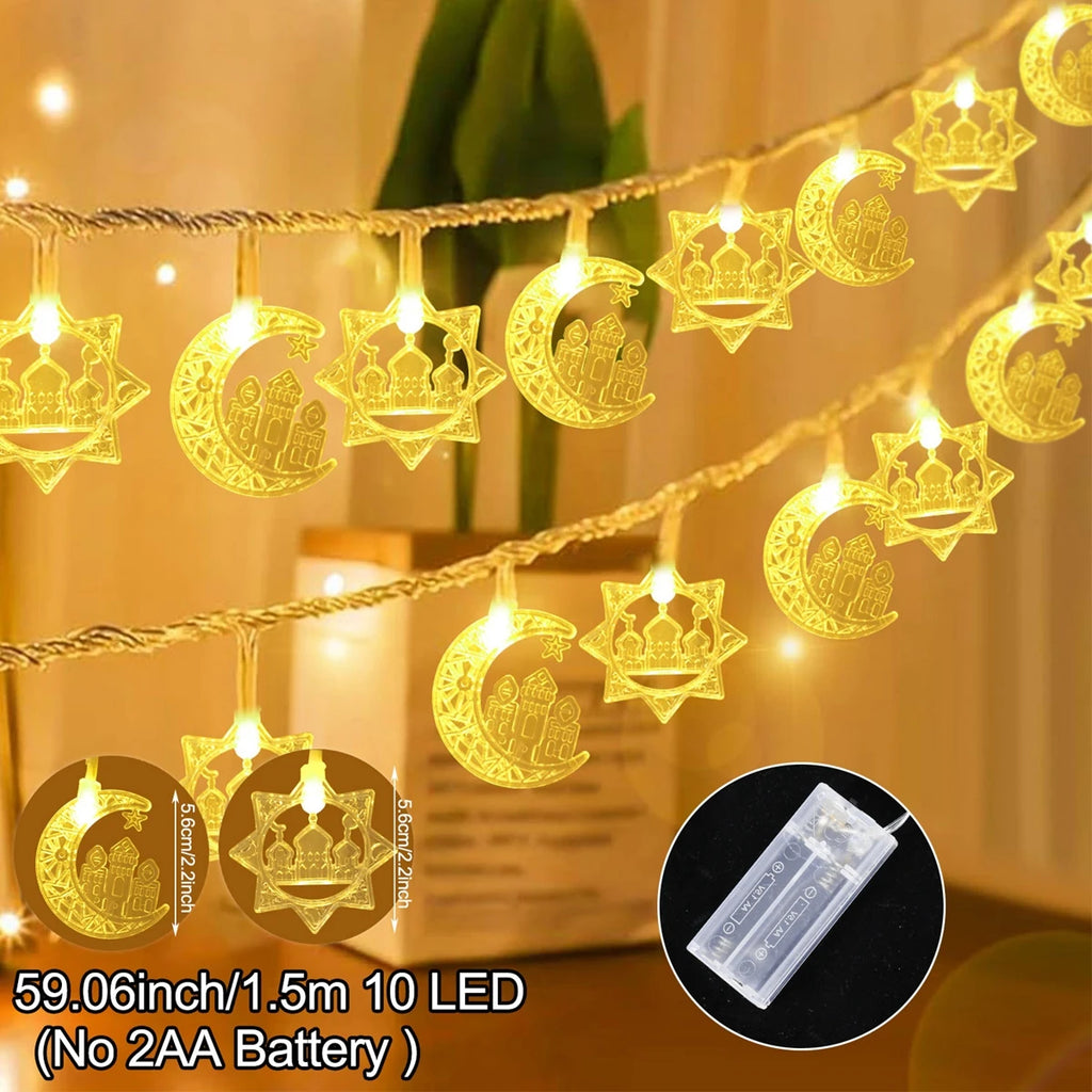 ⭐ 1,5m LED Lichterkette Ramadan | 10 LEDs Mond Stern Moschee | Eid Mubarak Deko Batterie