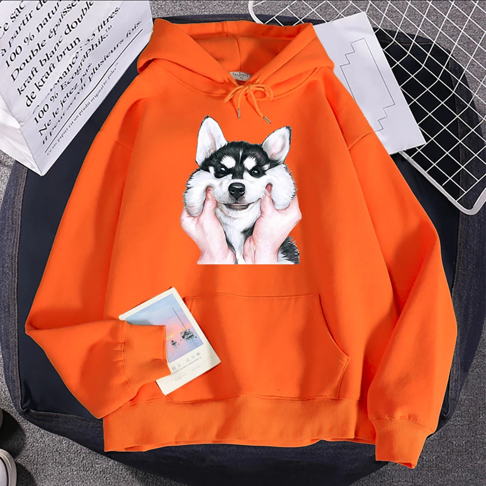 Cute Animal Husky Dog Printing Hoodie Women's Loose Oversize Clothing Autumn Warm Fleece Sweatshirt Fashion Casual Soft Hooded