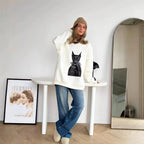 American Retro Animal Dog Print Loose Casual Sweatshirt Women Hoodies Long Sleeve Crewneck White Oversized Pullovers Autumn 2025