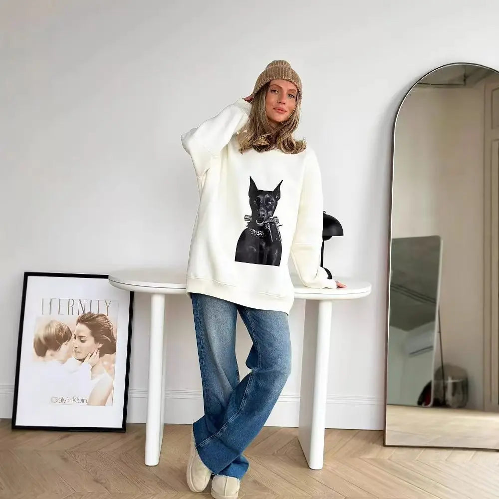 American Retro Animal Dog Print Loose Casual Sweatshirt Women Hoodies Long Sleeve Crewneck White Oversized Pullovers Autumn 2025