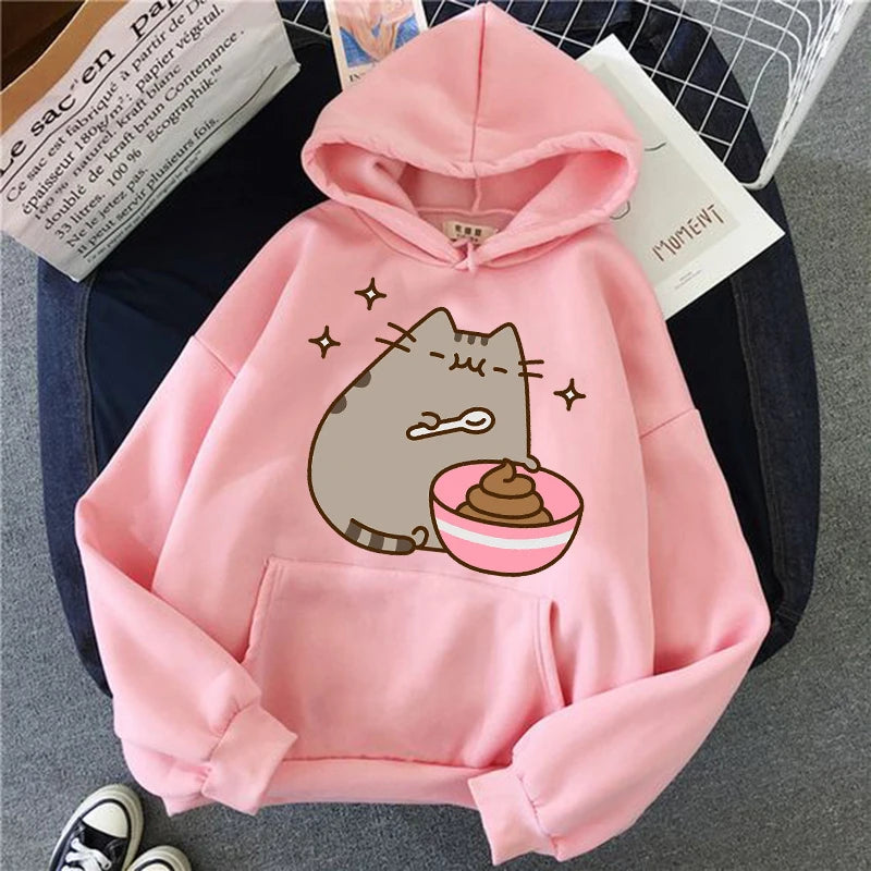 Women Ullzang Cute Cat Sweatshirt Funny Cartoon Pusheen Cat Kawaii Harajuku Korean Style Hoodies Graphic Fashion Hoody Female