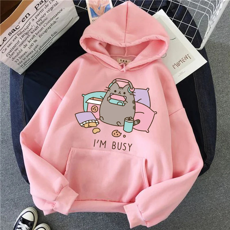 Women Ullzang Cute Cat Sweatshirt Funny Cartoon Pusheen Cat Kawaii Harajuku Korean Style Hoodies Graphic Fashion Hoody Female