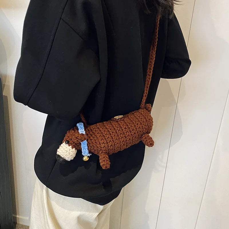 Western style sausage dog yarn hook woven bag finished product, parent-child crossbody bag, mobile phone bag