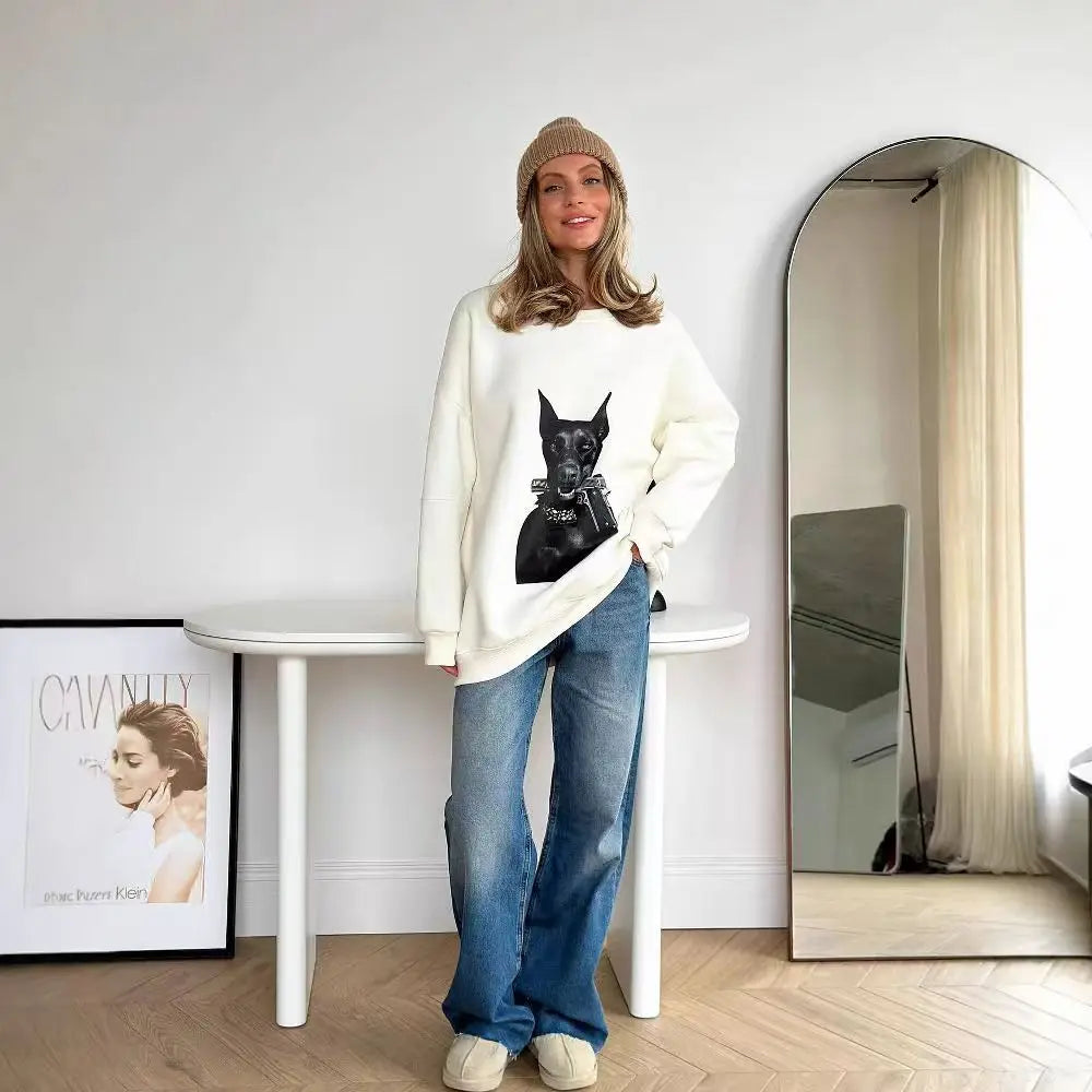 American Retro Animal Dog Print Loose Casual Sweatshirt Women Hoodies Long Sleeve Crewneck White Oversized Pullovers Autumn 2025