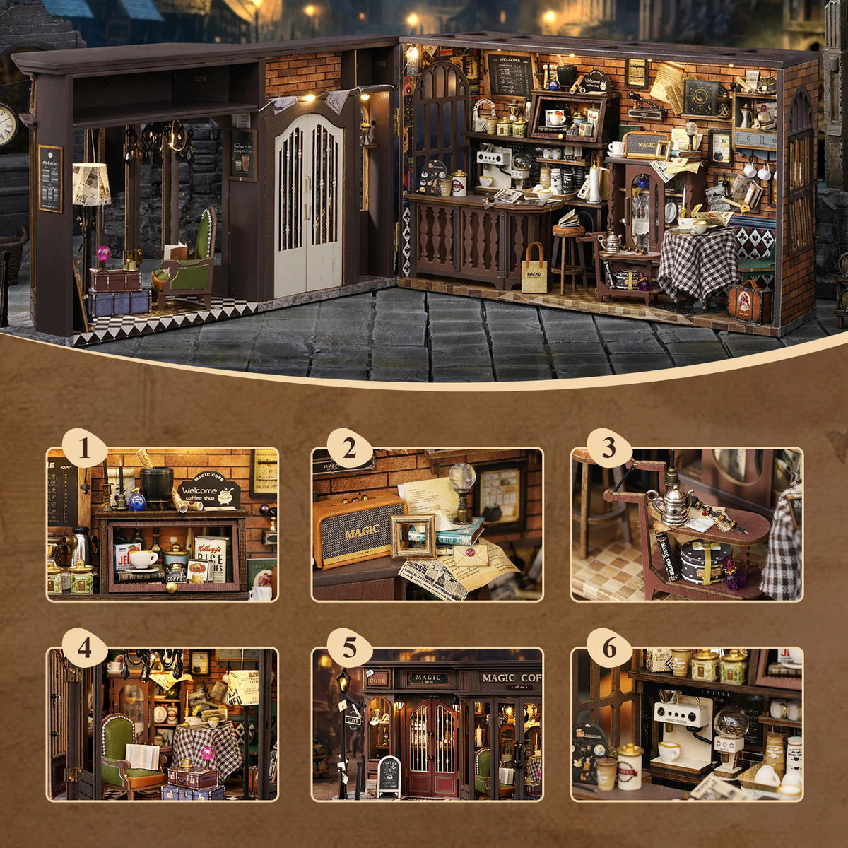 DIY Doll House Wooden Miniature Kit Assembly Building Model Kits Home Decorations with Furniture for Magic Coffee