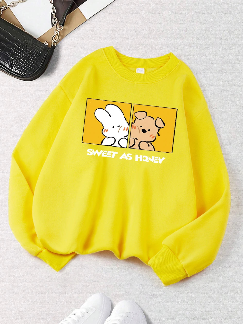 Rabbit And Dog Sweet As Honey Printing Sweatshirt Womens Crewneck Soft Hoodie Fleece Warm Winter Pullover Loose Casual Clothes