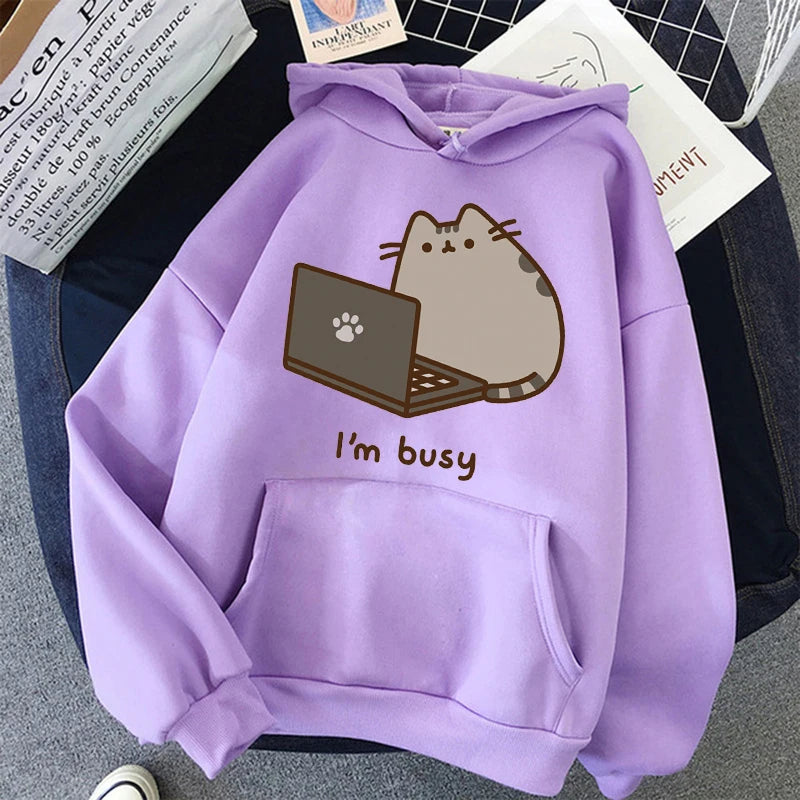 Women Ullzang Cute Cat Sweatshirt Funny Cartoon Pusheen Cat Kawaii Harajuku Korean Style Hoodies Graphic Fashion Hoody Female