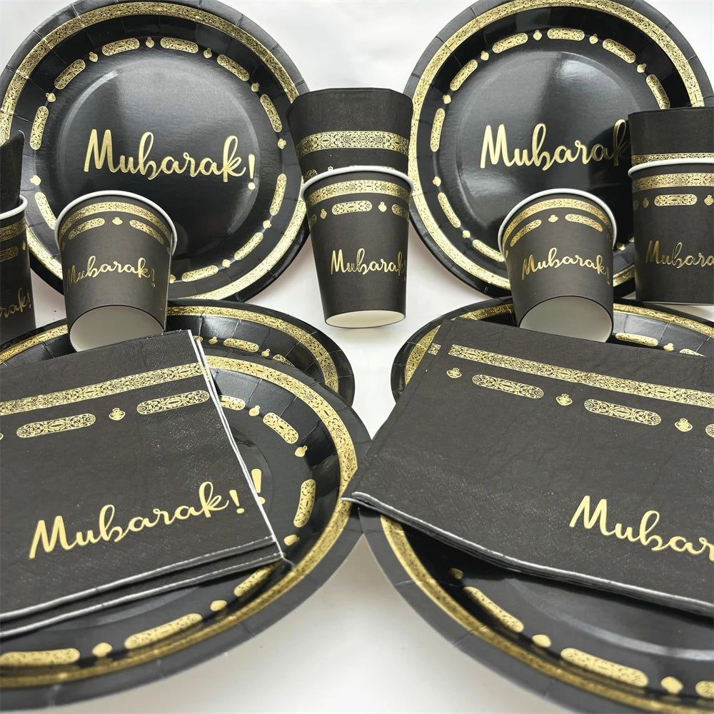 1bag Eid Al-Adha Umrah Mubarak Disposable Paper Cup Plate Ramadan Mubarak kareem Hijab Muslim Islamic Festival Party Decoration