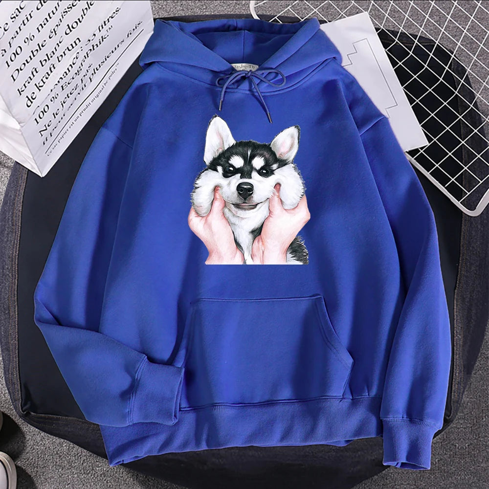 Cute Animal Husky Dog Printing Hoodie Women's Loose Oversize Clothing Autumn Warm Fleece Sweatshirt Fashion Casual Soft Hooded