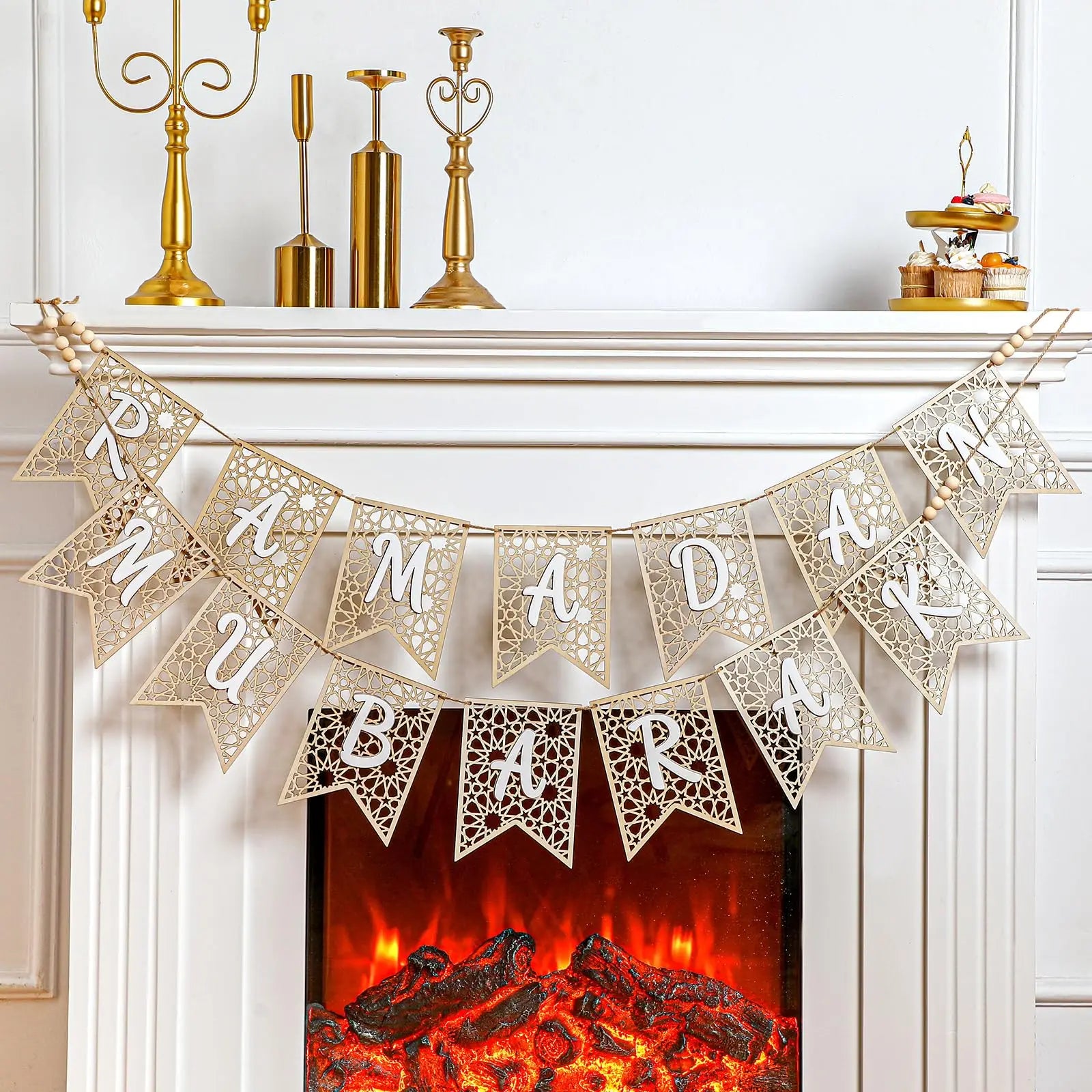 ⭐Holz Girlande Ramadan Mubarak | Rustikaler Perlen Banner | Eid Deko Set 2-teilig