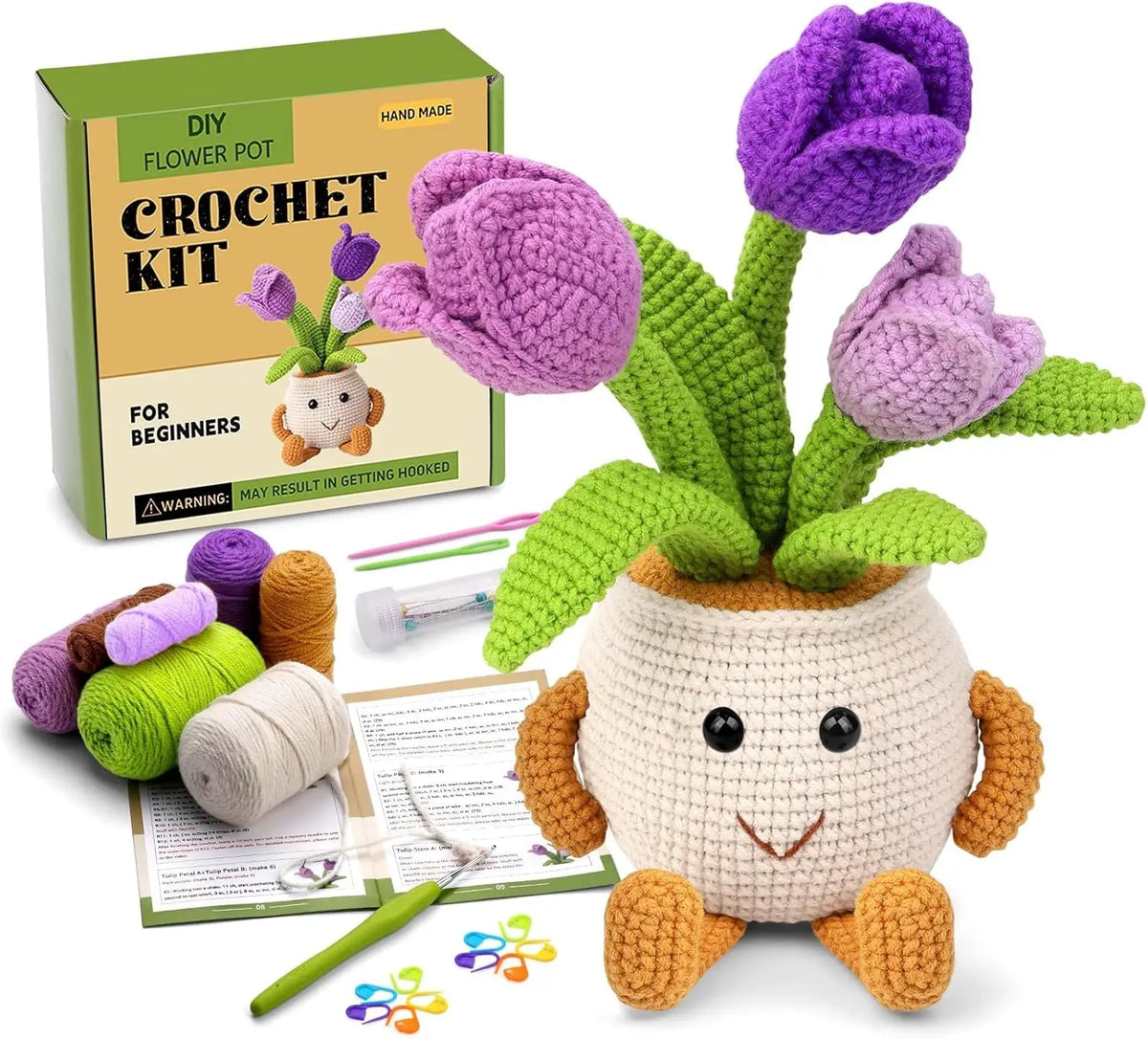 Crochet Kit for Beginners with Step-by-Step Video Tutorials Hooks Markers Knitting Yarn Thread Plastic Needles Accessories