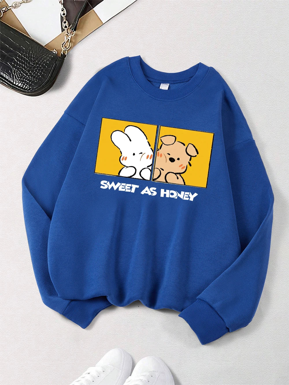 Rabbit And Dog Sweet As Honey Printing Sweatshirt Womens Crewneck Soft Hoodie Fleece Warm Winter Pullover Loose Casual Clothes