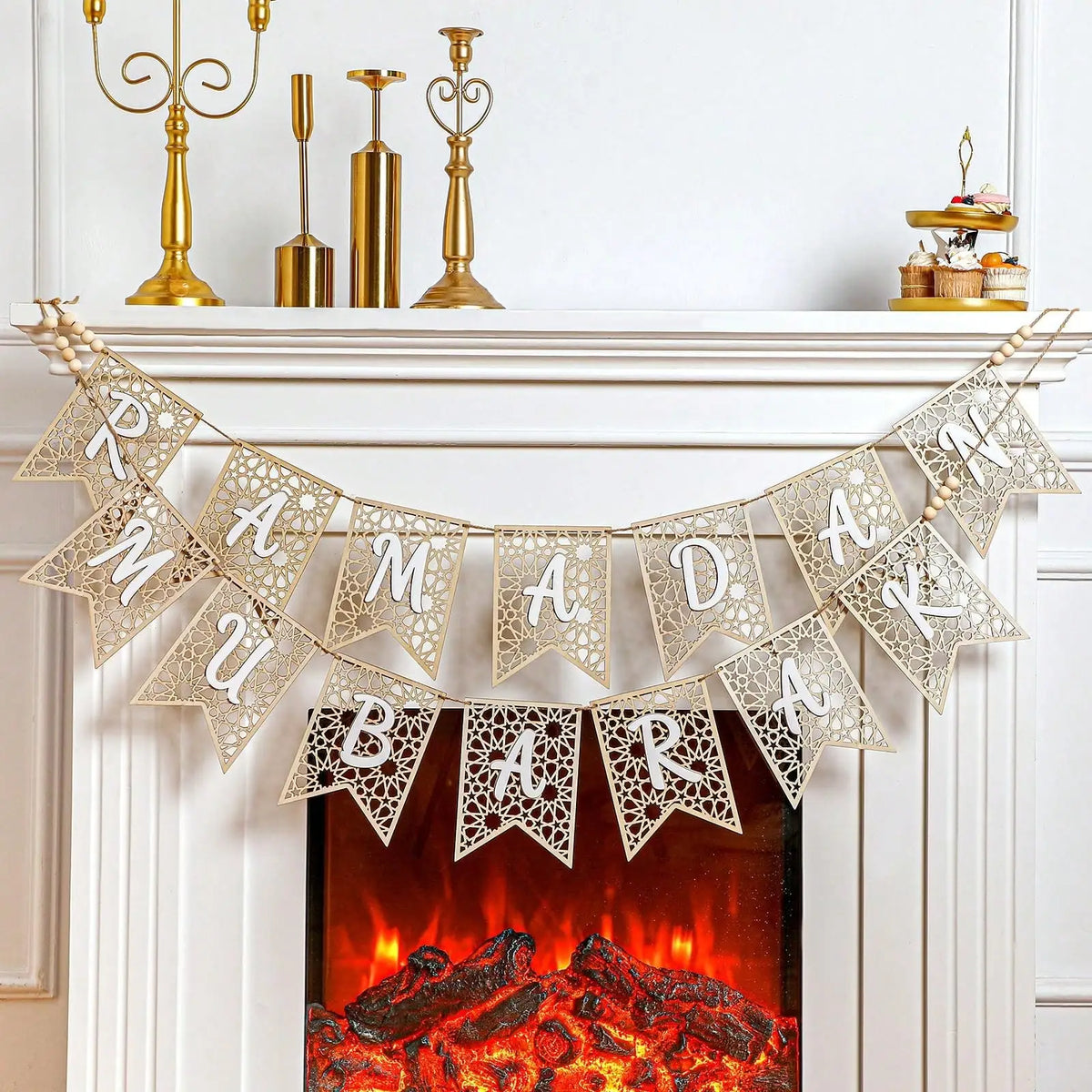 ⭐Holz Girlande Ramadan Mubarak | Rustikaler Perlen Banner | Eid Deko Set 2-teilig