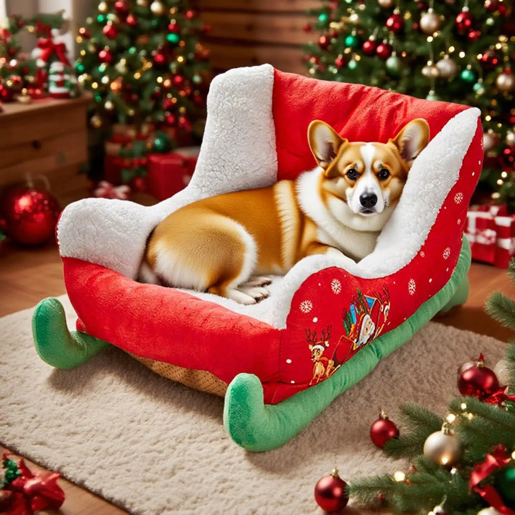 ⭐ Weihnachtsschlitten Hundebett & Katzenbett | Plüsch Schlafplatz 68cm | Santa Deko Design