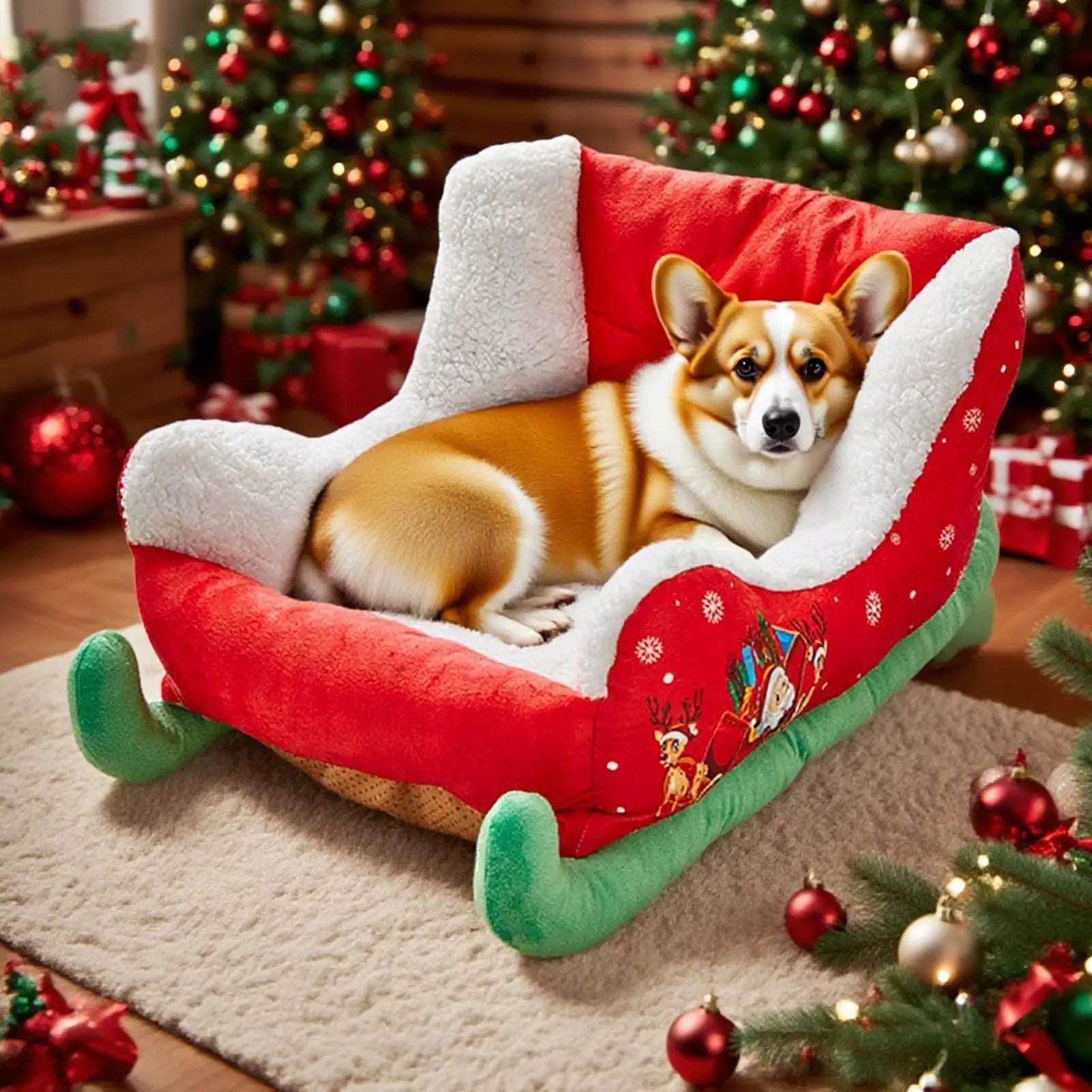 ⭐ Weihnachtsschlitten Hundebett & Katzenbett | Plüsch Schlafplatz 68cm | Santa Deko Design