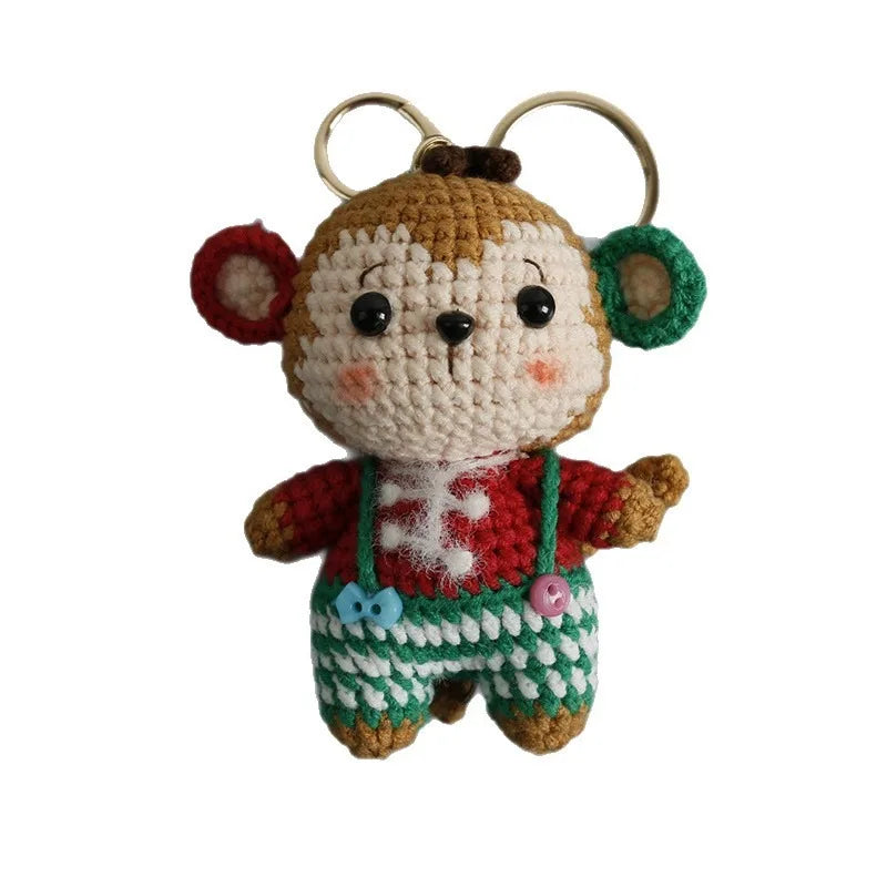 Handmade Charming Crochet Christmas monkey doll Keychain, Cute Handmade Plush Figure for Car and Bag