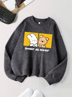 Rabbit And Dog Sweet As Honey Printing Sweatshirt Womens Crewneck Soft Hoodie Fleece Warm Winter Pullover Loose Casual Clothes