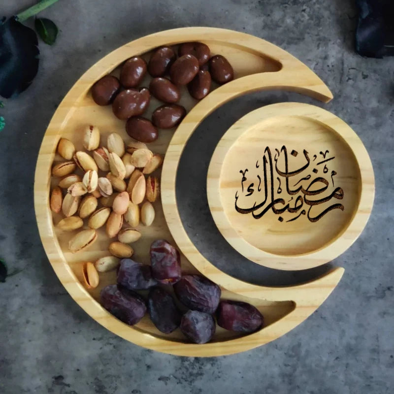 ⭐Holz Serviertablett Ramadan | Mond & Stern Schale Set | Arabische Kalligraphie Deko