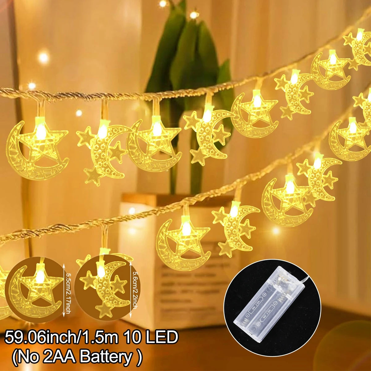 ⭐ 1,5m LED Lichterkette Ramadan | 10 LEDs Mond Stern Moschee | Eid Mubarak Deko Batterie