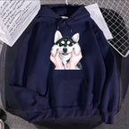 Cute Animal Husky Dog Printing Hoodie Women's Loose Oversize Clothing Autumn Warm Fleece Sweatshirt Fashion Casual Soft Hooded