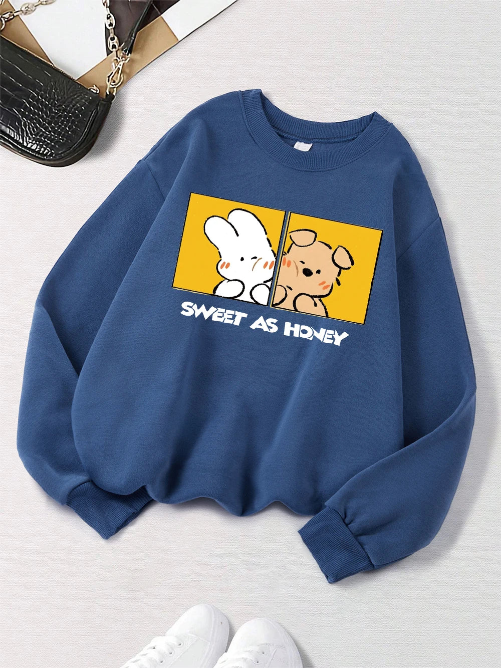 Rabbit And Dog Sweet As Honey Printing Sweatshirt Womens Crewneck Soft Hoodie Fleece Warm Winter Pullover Loose Casual Clothes