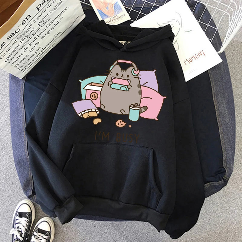 Women Ullzang Cute Cat Sweatshirt Funny Cartoon Pusheen Cat Kawaii Harajuku Korean Style Hoodies Graphic Fashion Hoody Female