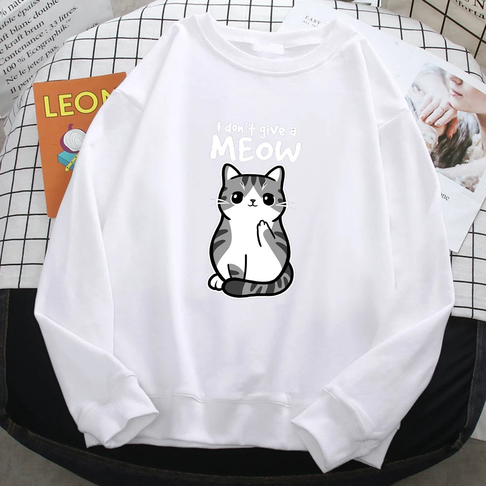 Simple Autumn Womens Sweatshirt I Don'T Give A Meow Funny Cat Cartoon Animalmale Print Hoody Fleece Pullovers Loose Warm Tops