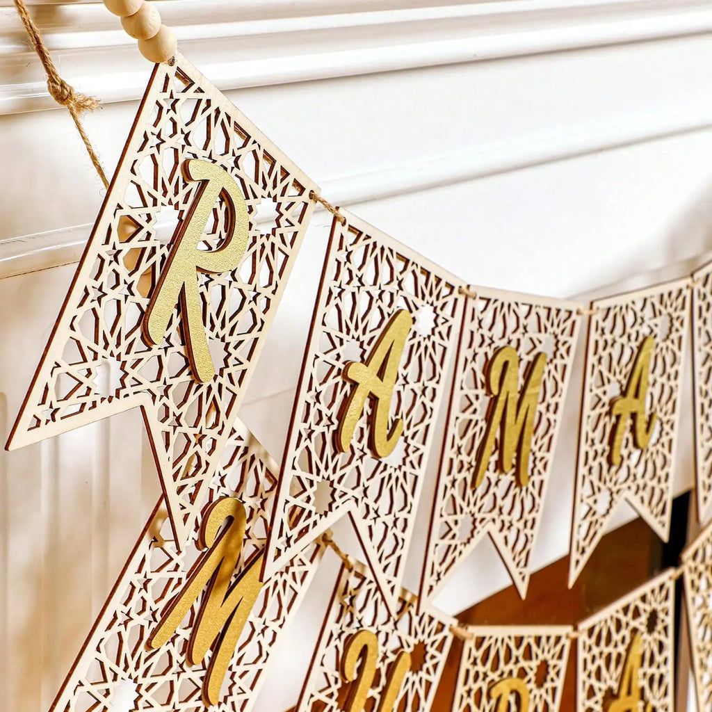 ⭐Holz Girlande Ramadan Mubarak | Rustikaler Perlen Banner | Eid Deko Set 2-teilig