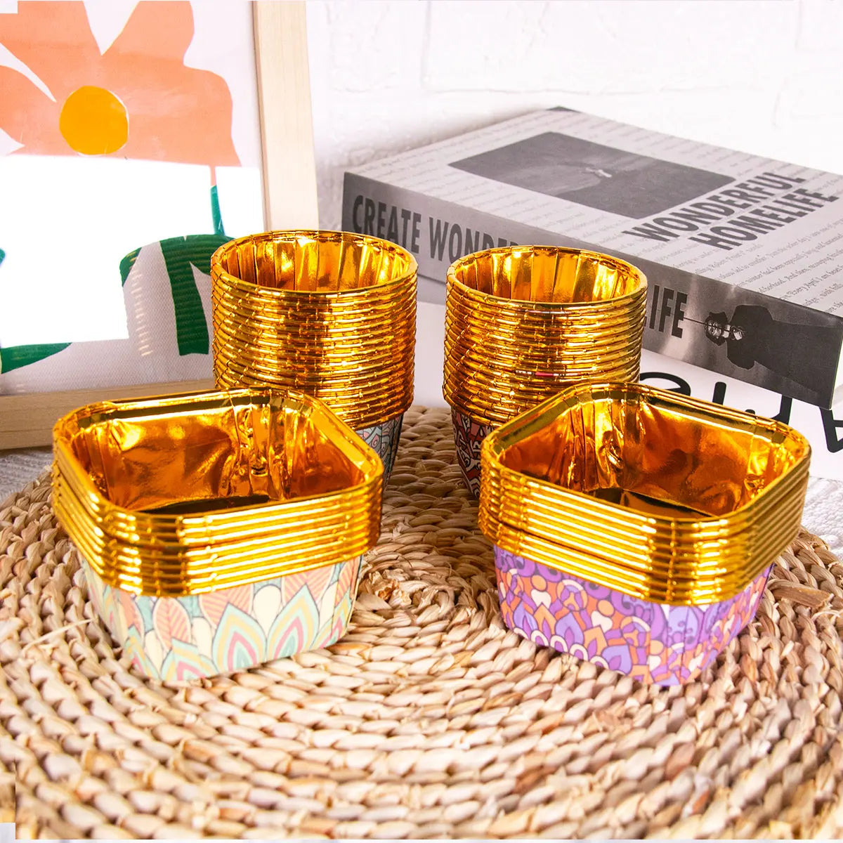 50pcs Gold Cupcake Liners Eid Mubarak Muslim Pattern Foil Muffin Baking Cupcake Wrappers Holder for Ramadan Islamic Party Decor