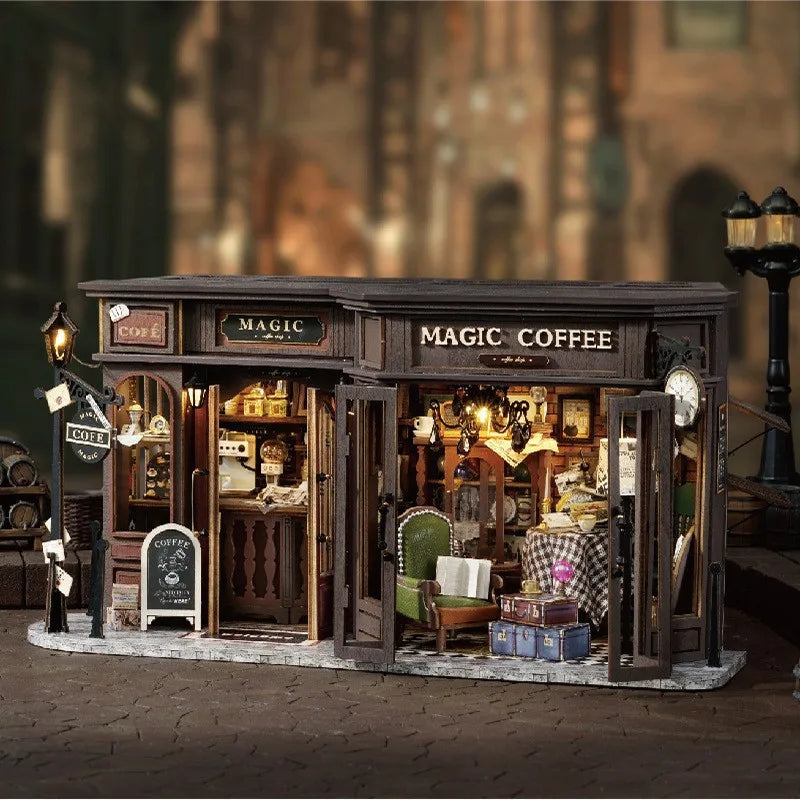 DIY Doll House Wooden Miniature Kit Assembly Building Model Kits Home Decorations with Furniture for Magic Coffee