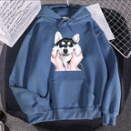 Cute Animal Husky Dog Printing Hoodie Women's Loose Oversize Clothing Autumn Warm Fleece Sweatshirt Fashion Casual Soft Hooded