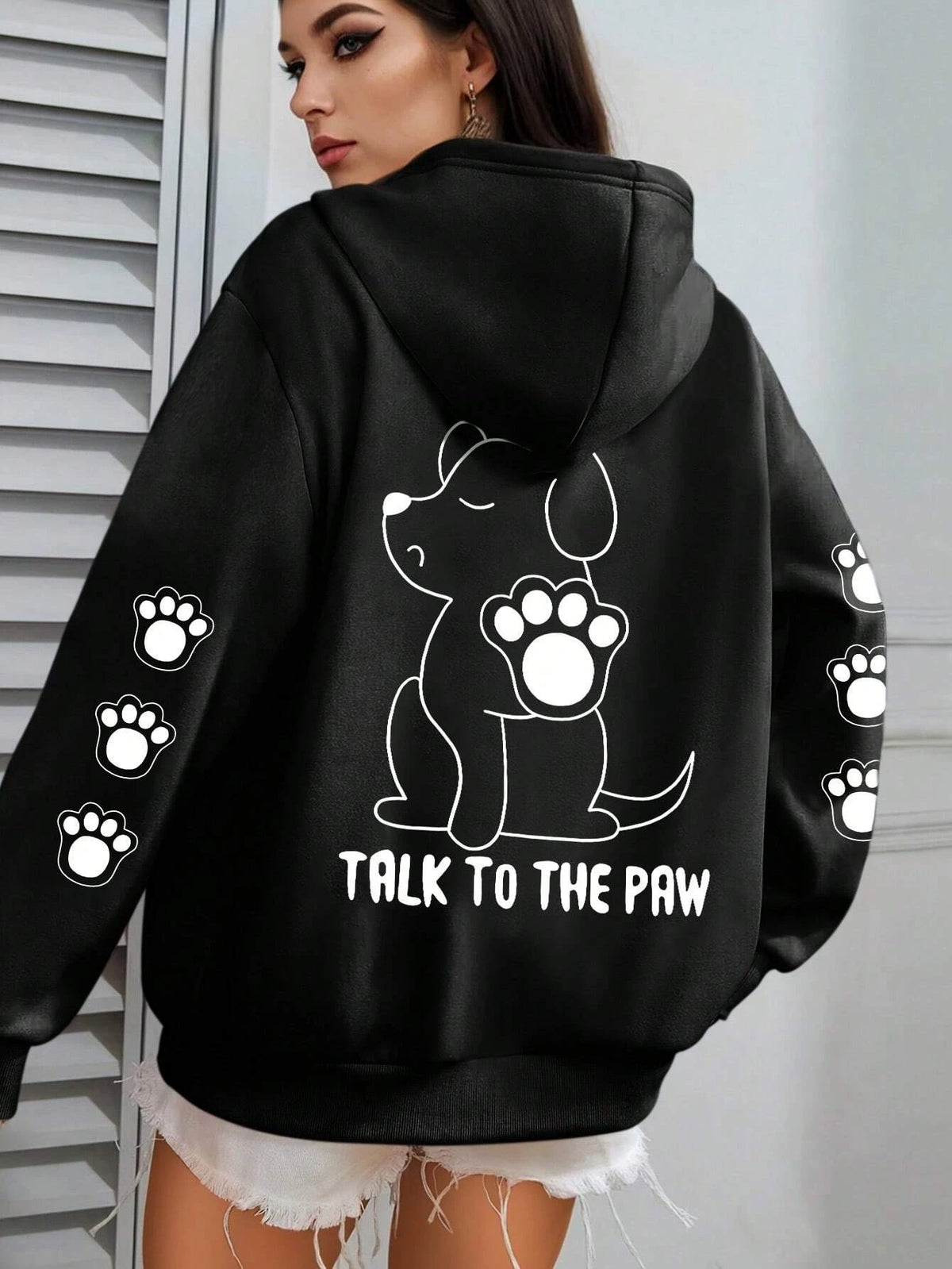 ⭐ Talk To The Paw Hoodie Damen | Lustiger Hunde Cartoon Print | Fleece Pullover