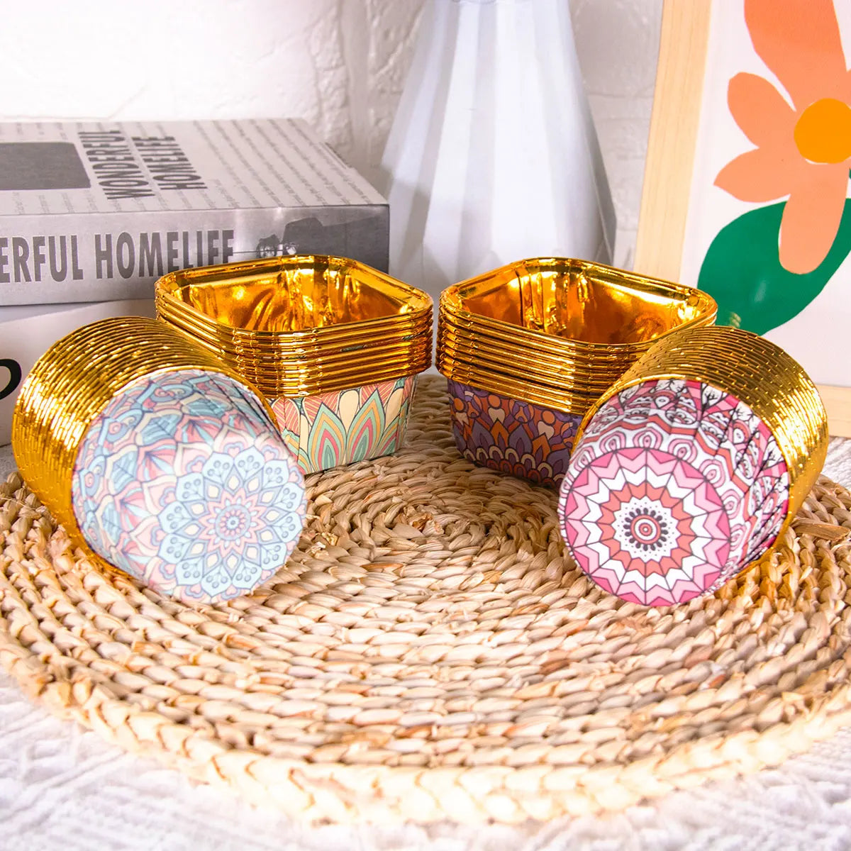 50pcs Gold Cupcake Liners Eid Mubarak Muslim Pattern Foil Muffin Baking Cupcake Wrappers Holder for Ramadan Islamic Party Decor