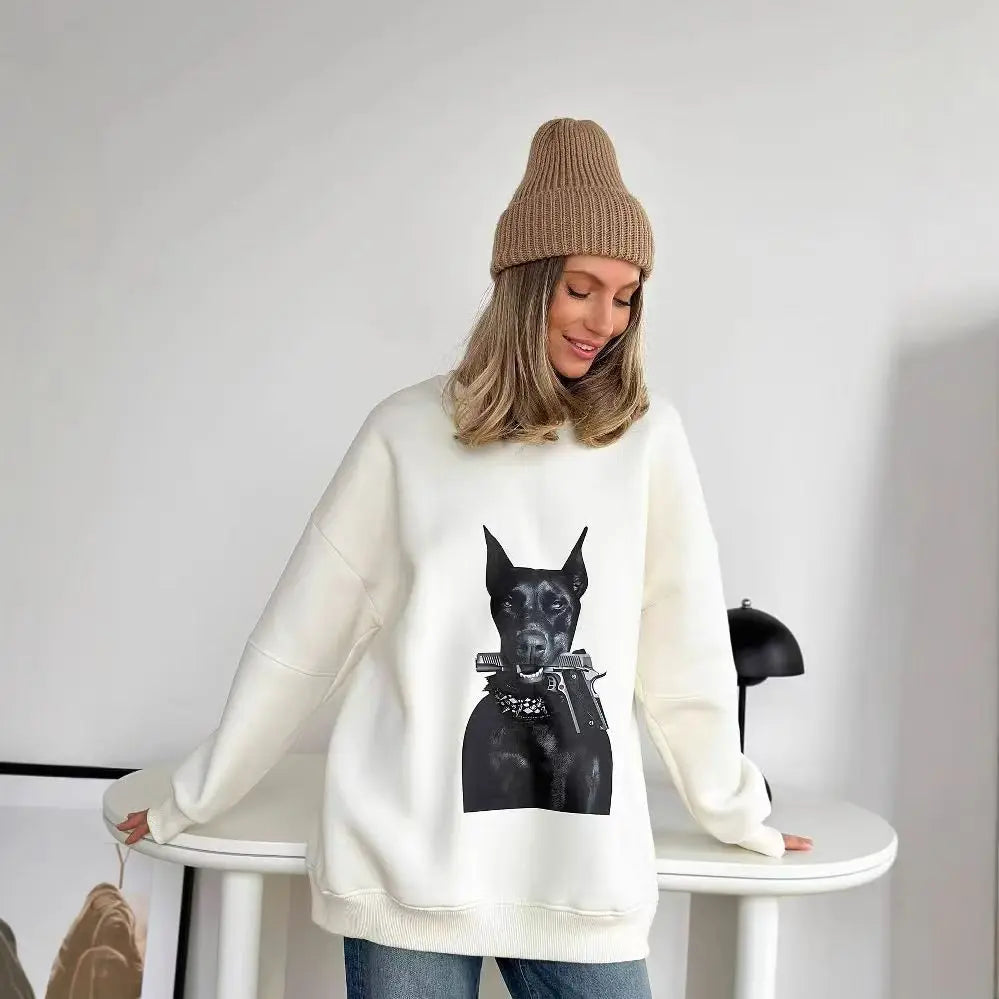 American Retro Animal Dog Print Loose Casual Sweatshirt Women Hoodies Long Sleeve Crewneck White Oversized Pullovers Autumn 2025