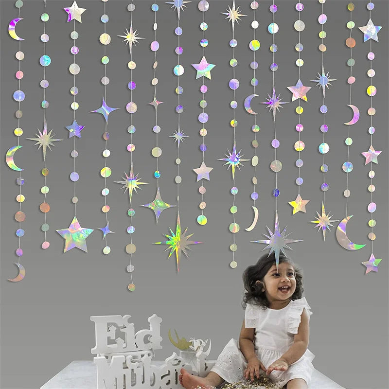Iridescent Star Moon Circle Garland Ramadan EID Mubarak Birthday Party Decorations Hanging Crescent Twinkle Little Star Streamer