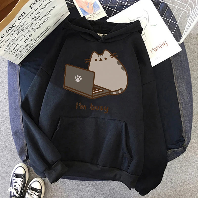 Women Ullzang Cute Cat Sweatshirt Funny Cartoon Pusheen Cat Kawaii Harajuku Korean Style Hoodies Graphic Fashion Hoody Female