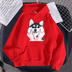Cute Animal Husky Dog Printing Hoodie Women's Loose Oversize Clothing Autumn Warm Fleece Sweatshirt Fashion Casual Soft Hooded