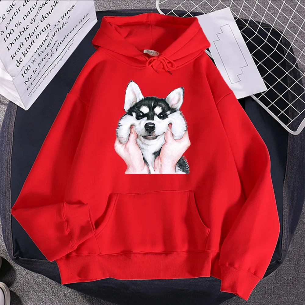 Cute Animal Husky Dog Printing Hoodie Women's Loose Oversize Clothing Autumn Warm Fleece Sweatshirt Fashion Casual Soft Hooded