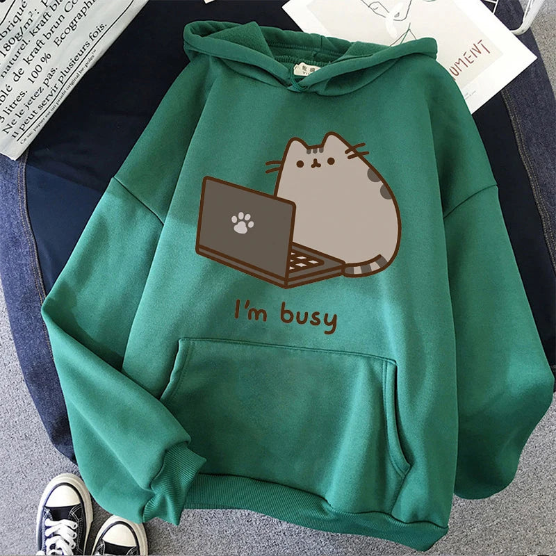 Women Ullzang Cute Cat Sweatshirt Funny Cartoon Pusheen Cat Kawaii Harajuku Korean Style Hoodies Graphic Fashion Hoody Female