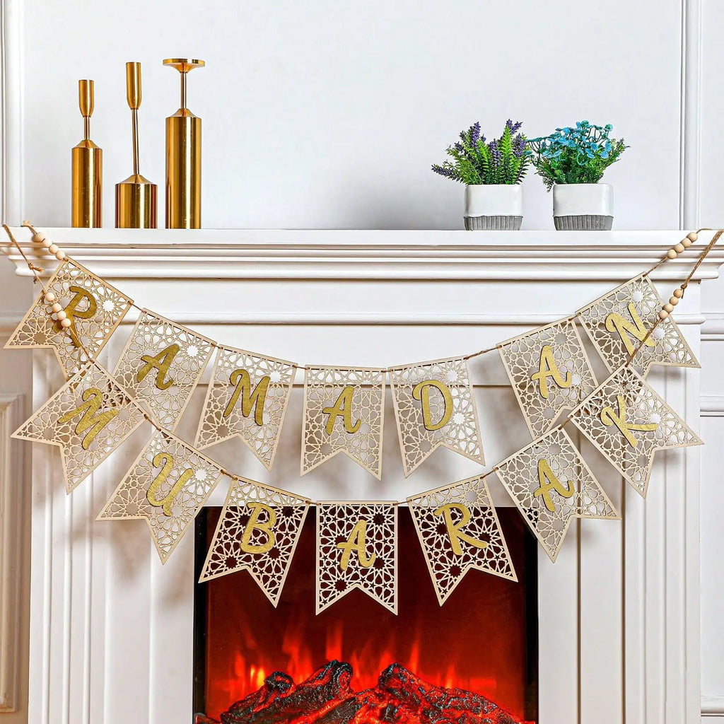 ⭐Holz Girlande Ramadan Mubarak | Rustikaler Perlen Banner | Eid Deko Set 2-teilig